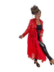 Red Sequin & Mesh Statement Duster