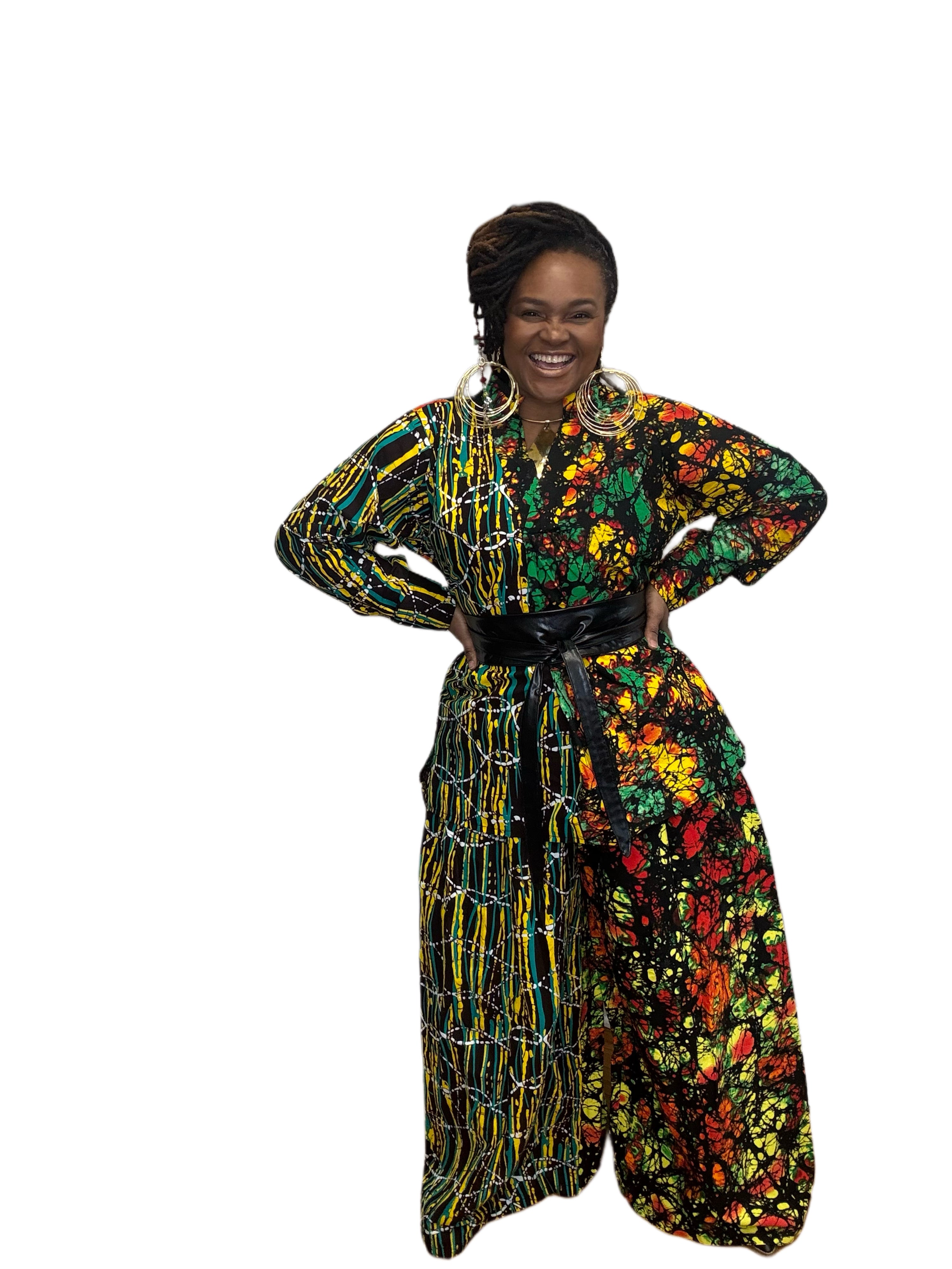 2 Piece Handmade Batik Top & Wide Leg Pant Set Black & Green Print Chikodi's World 2 Piece Handmade Batik Top & Wide Leg Pant Set Black & Green Print Chikodi's World