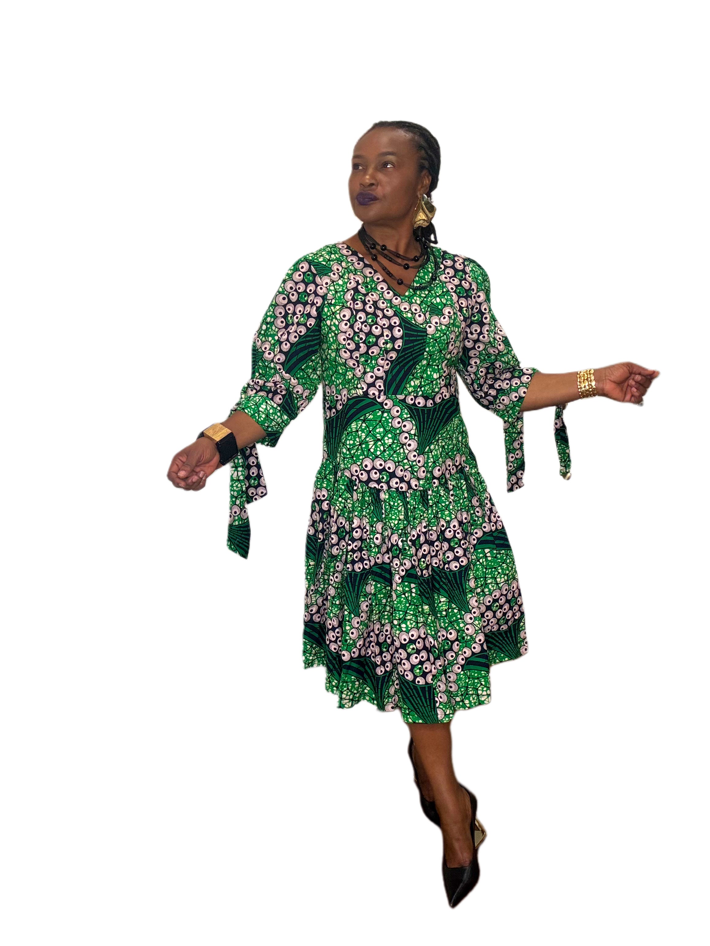 Ankara Handmade A-Line Dress With Tie Sleeve