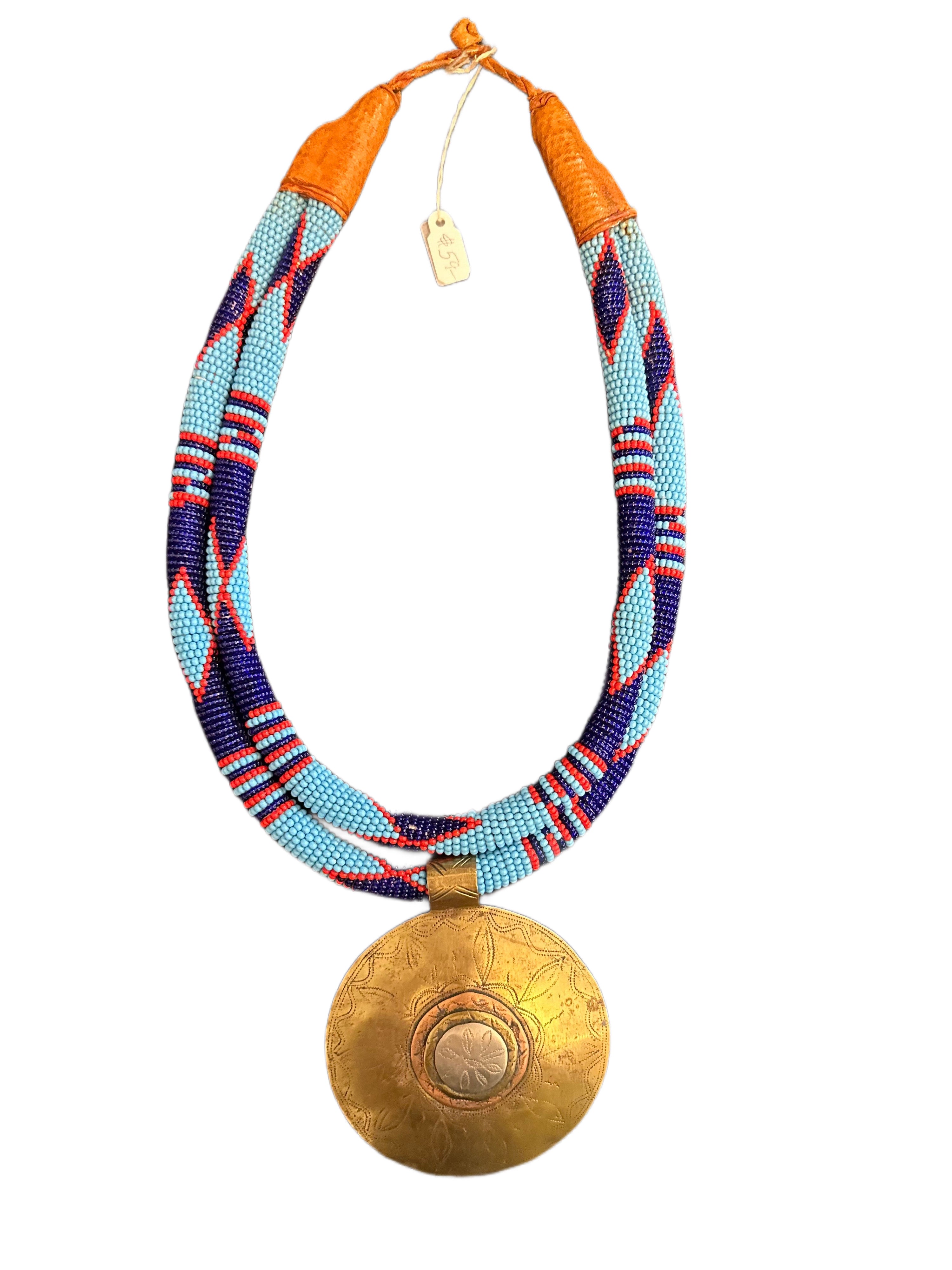 Seed Bead Cord Necklace with brass pendant