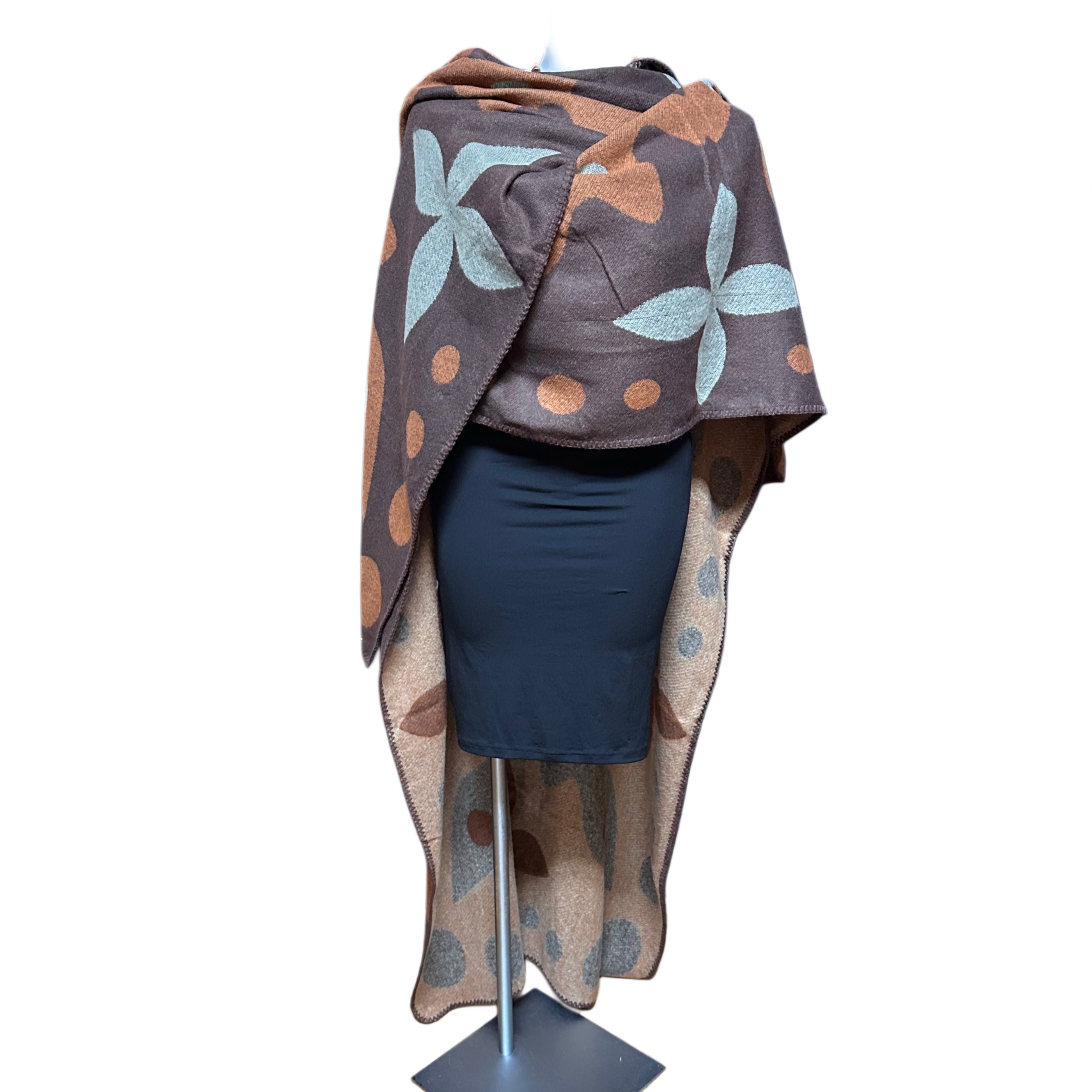 Brown Print Hooded Long Sweater Shawl