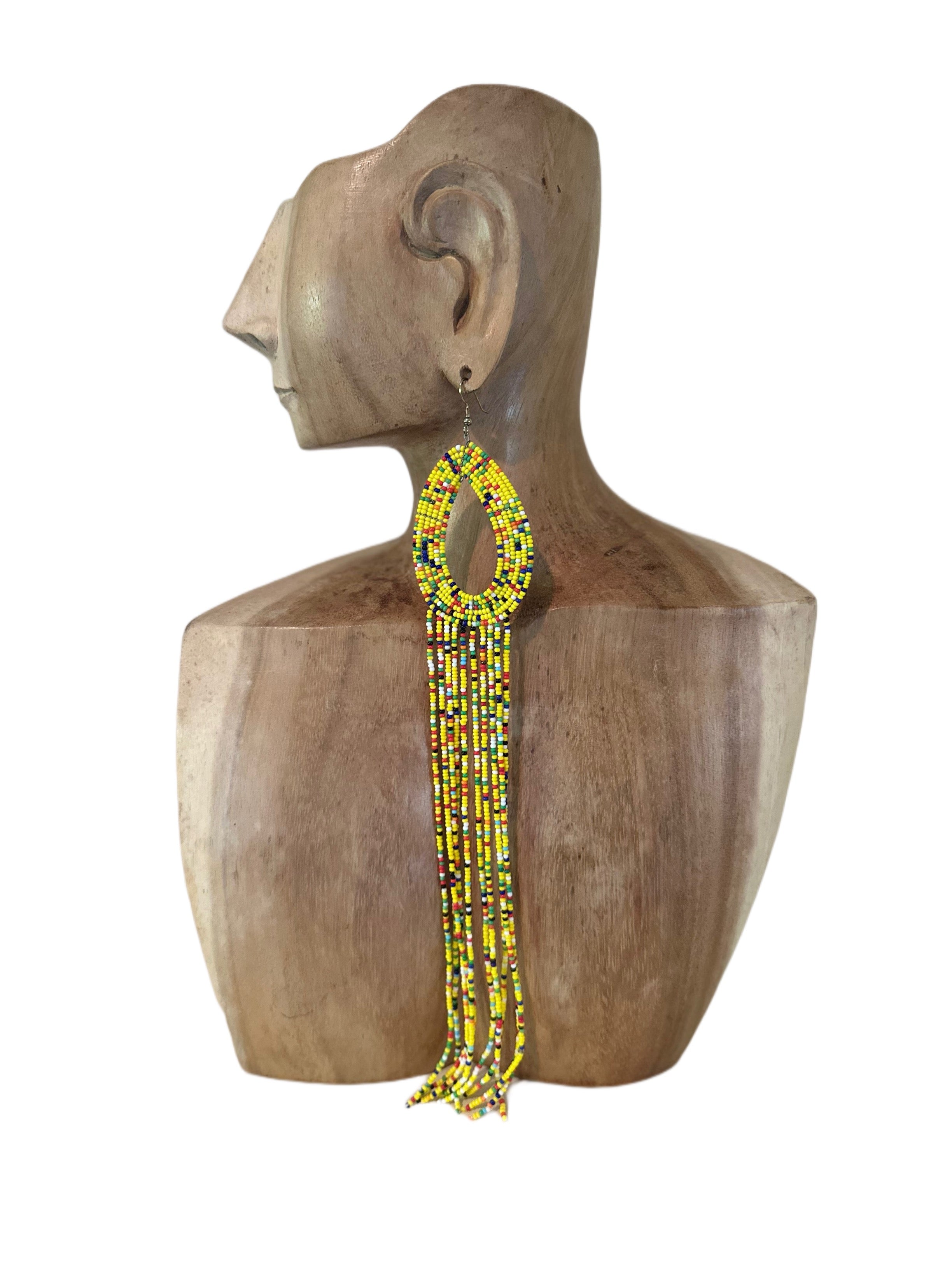 Extra Long Beaded Dangling Earrings Yellow Multi