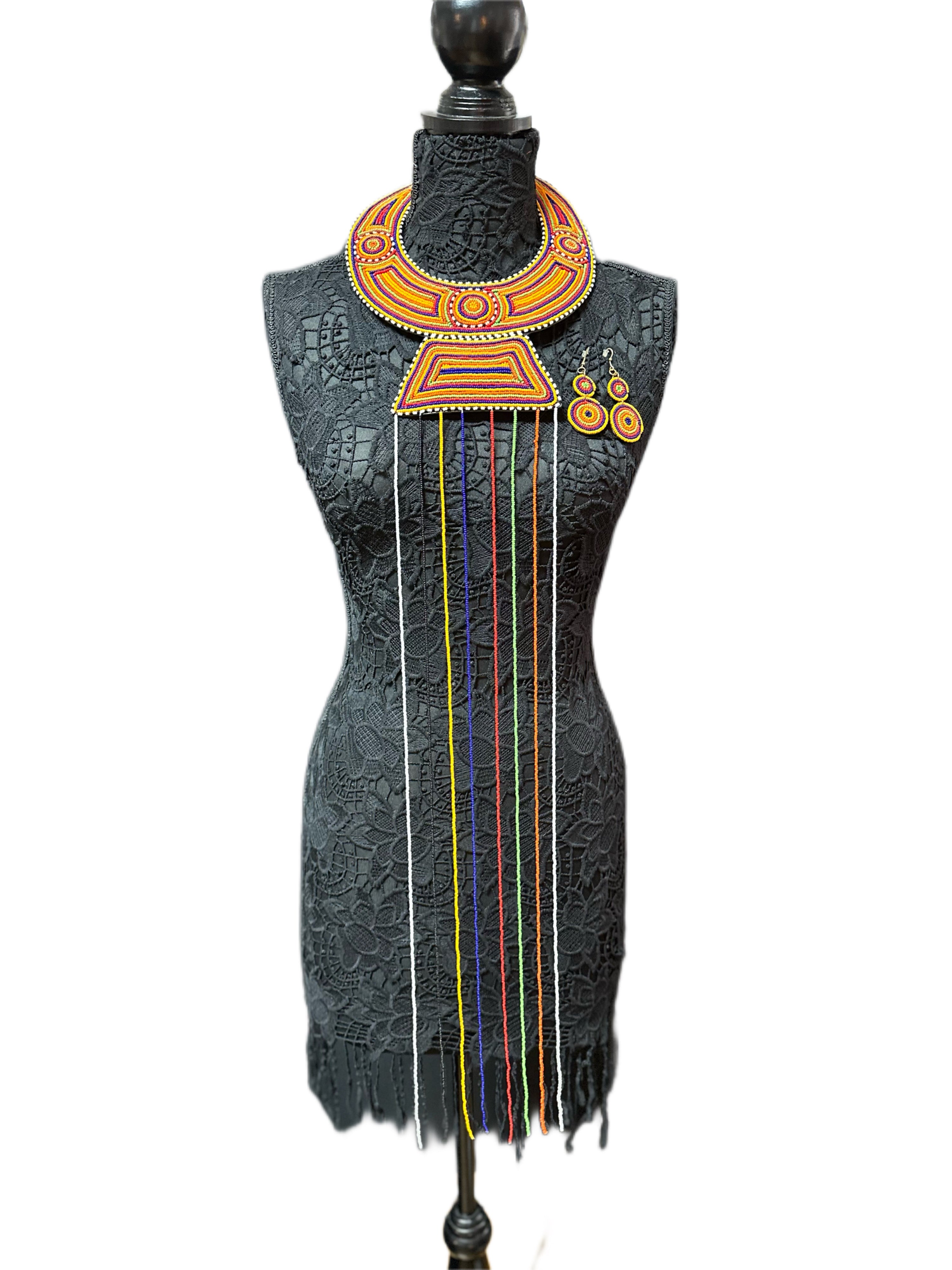 Vibrant Multi Colored Collar Necklace with long Fringe hanging Beads and Earrings Set