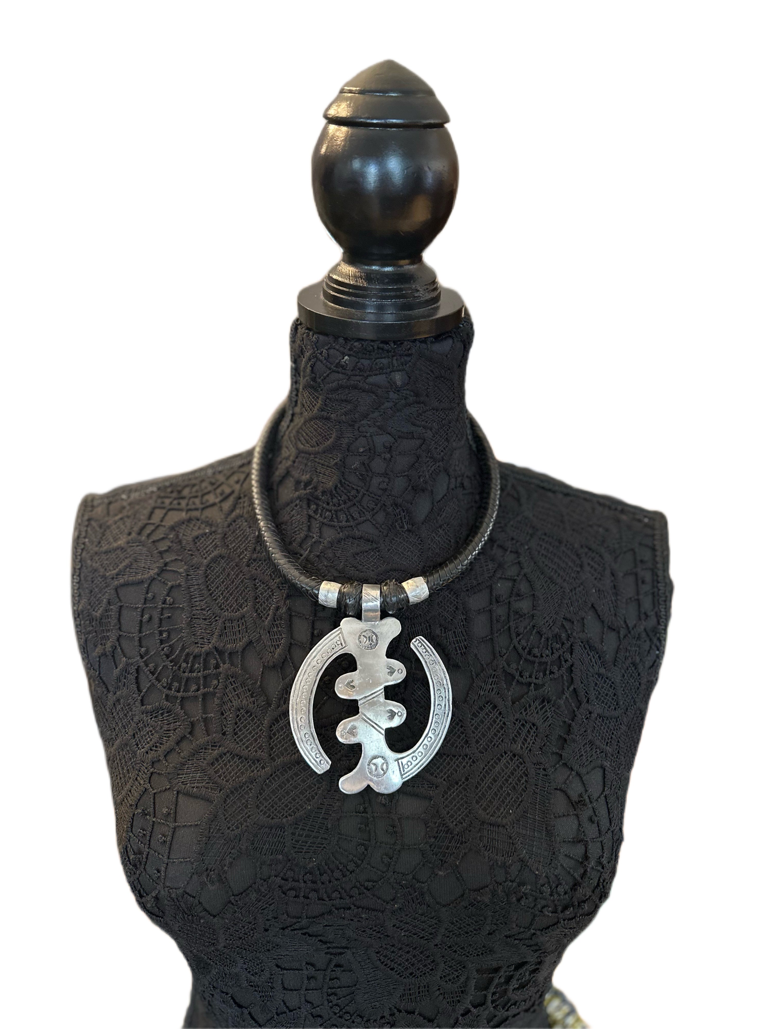 Leather Cord Statement Necklace with Pewter Pendant