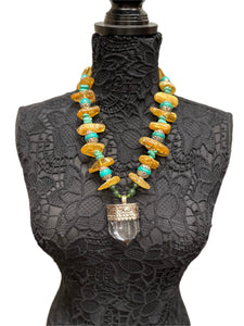 Chunky Amber and Turquoise necklace with Large crystal pendant