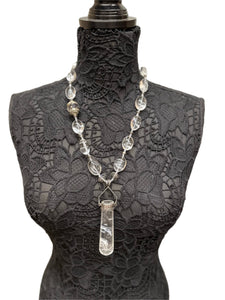 Handmade Long Clear Crystal Quartz Necklace with Large Pewter Cased Crystal Pendant