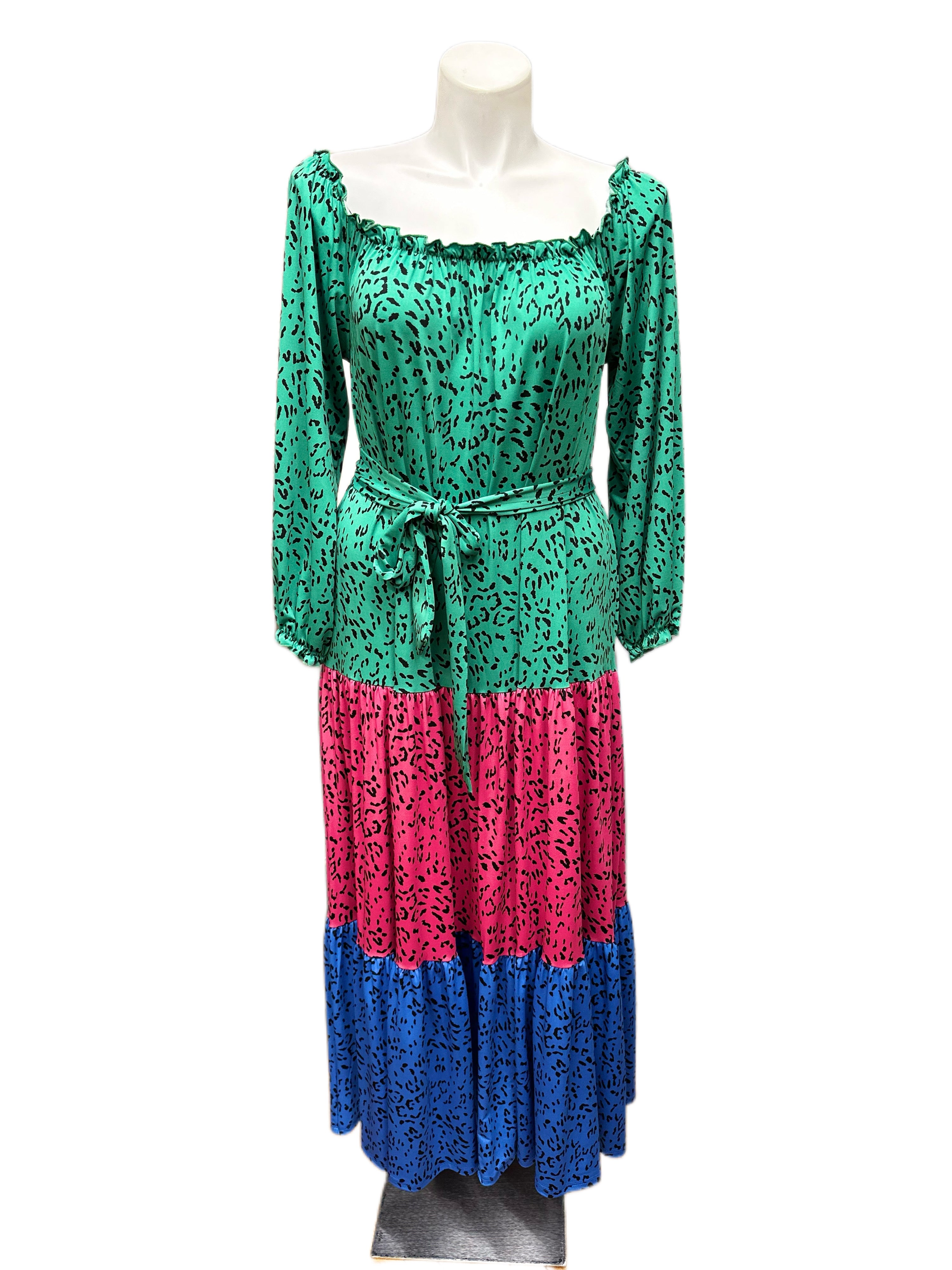 Off the Shoulder Tri-Color Belted Maxi Dress