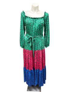 Off the Shoulder Tri-Color Belted Maxi Dress