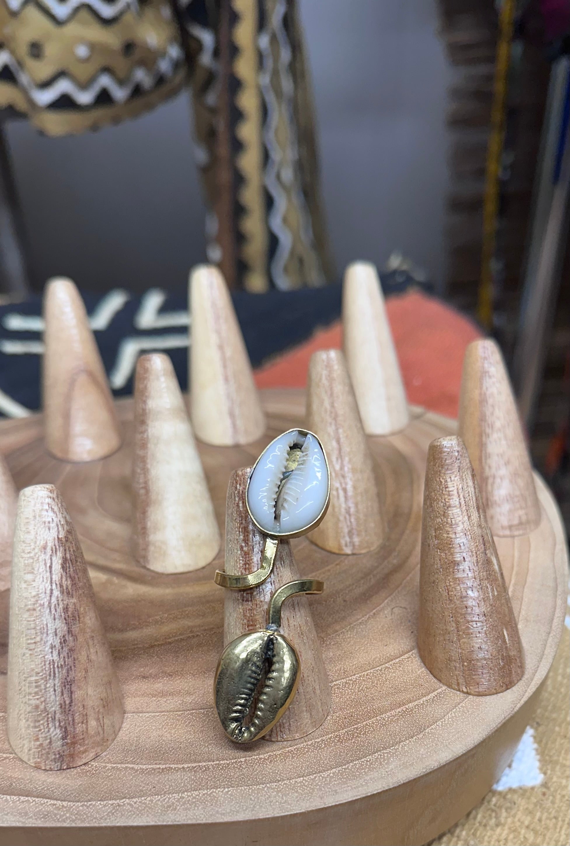 Handmade Brass Cast Double Cowrie Shell Adjustable Ring